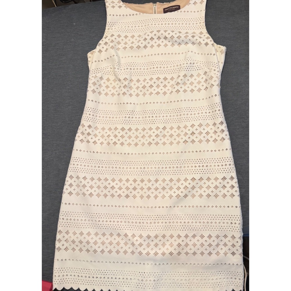Johnston & Murphy Ivory Laser Cut‎ Diamond Shift Dress Scallop Hem Cream Size 10